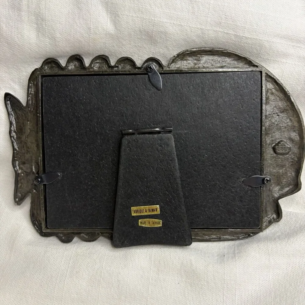 Vintage Cat Pet 3.5x5 Photo Frame Metal Pewter MEOW! Cat Mouse Fishbones Paws
